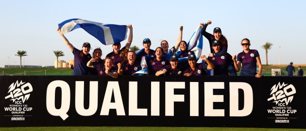 Players of Scotland celebrate victory and qualification following the ICC Women's T20 World Cup Qualifier 2024 Semi-Final match between Ireland and Scotland at Zayed Cricket Stadium on May 05, 2024 in Abu Dhabi, United Arab Emirates.