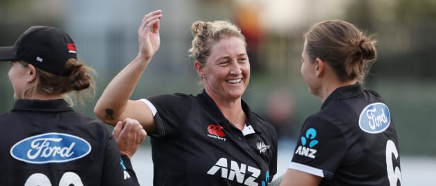 Sophie Devine of New Zealand celebrates the team win after the game three of the Women's ODI series between New Zealand and England at Seddon Park on April 07, 2024 in Hamilton, New Zealand.