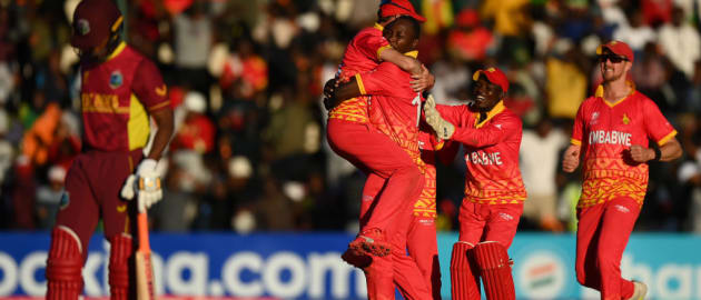 Tendai Chatara of Zimbabwe celebrates the wicket of Roston Chase of West Indies during the ICC Men's Cricket World Cup Qualifier Zimbabwe 2023 match between Zimbabwe and West Indies at Harare Sports Club on June 24, 2023 in Harare, Zimbabwe.