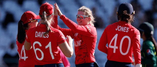 England's Charlie Dean celebrates with teammates after the dismissal of Pakistan's Muneeba Ali during the Group B T20 women's World Cup cricket match between England and Pakistan 1920x1080