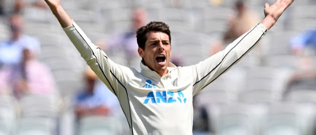Mitchell Santner of New Zealand appeals for the wicket Test Match between England and New Zealand