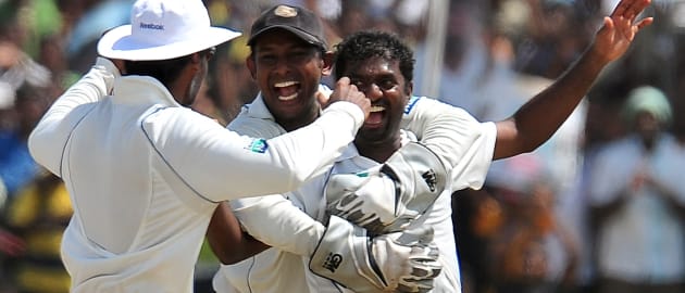 Muttiah Muralitharan celebrates his 800th Test wicket.
