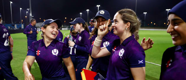 Rachel Slater of Scotland celebrates with teammates after being award the Player of the Match award after the ICC Women's T20 World Cup Qualifier 2024 match between Scotland and Uganda at Tolerance Oval on April 25, 2024 in Abu Dhabi, United Arab Emirates.