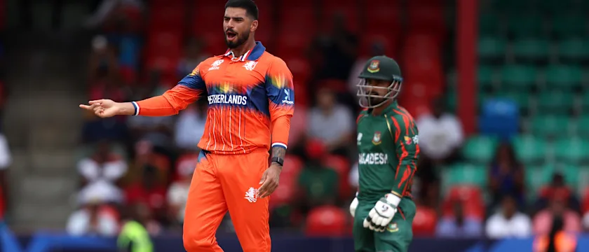 Aryan Dutt celebrates after taking wicket of Litton Das