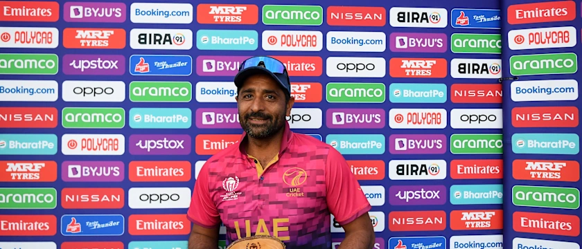 Asif Khan of UAE poses after being named Player of the Match following the ICC Men's Cricket World Cup Qualifier Zimbabwe 2023 9th and 10th Playoff match between USA and UAE at Takashinga Cricket Club on July 06, 2023 in Harare, Zimbabwe.
