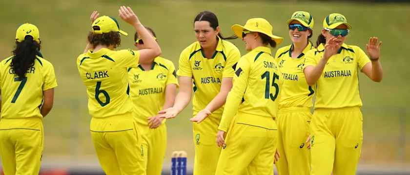 Lucy Hamilton of Australia celebrates the wicket of Vidushika Perera of Sri Lanka during the ICC Women's U19 T20 World Cup 2023 match between Australia and Sri Lanka at Willowmoore Park on January 18, 2023 in Benoni, South Africa.