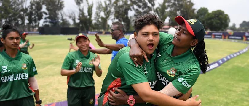 Players of Bangladesh celebrate following the ICC Women's U19 T20 World Cup 2023 match between Bangladesh and USA at Willowmoore Park B Field on January 18, 2023 in Benoni, South Africa.