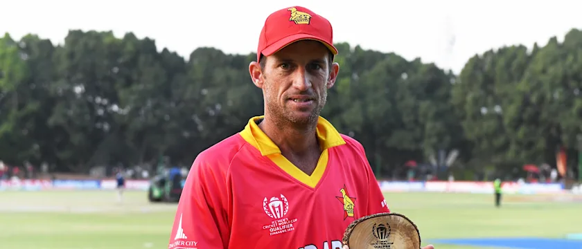 Sean Williams of Zimbabwe poses after being named Player of the Match following the ICC Men's Cricket World Cup Qualifier Zimbabwe 2023 Super 6 match between Zimbabwe and Oman at Queen’s Sports Club on June 29, 2023 in Bulawayo, Zimbabwe.