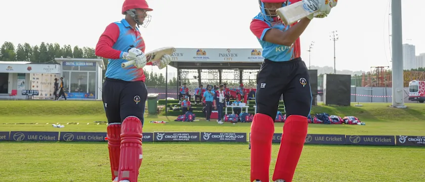 Kuwait's openers head out to bat against Malaysia at the ICC Under-19 Men’s Cricket World Cup Asia Qualifier 2023 in UAE.