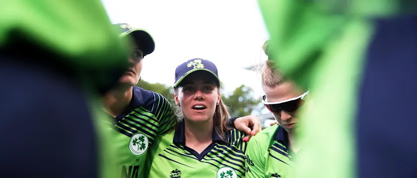 Laura Delany of Ireland looks on from the huddle during the ICC Women's T20 World Cup group B match between Pakistan and Ireland at Newlands Stadium on February 15, 2023 in Cape Town, South Africa.