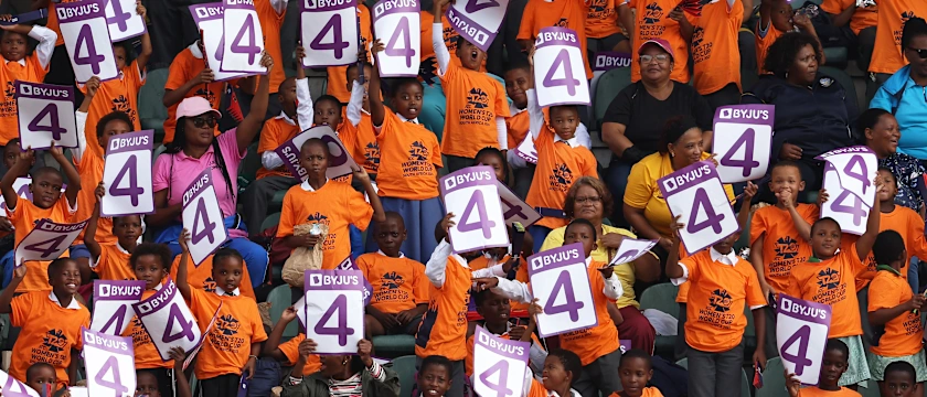 Spectators react in the crowd during the ICC Women's T20 World Cup group B match between England and India at St George's Park on February 18, 2023 in Gqeberha, South Africa.
