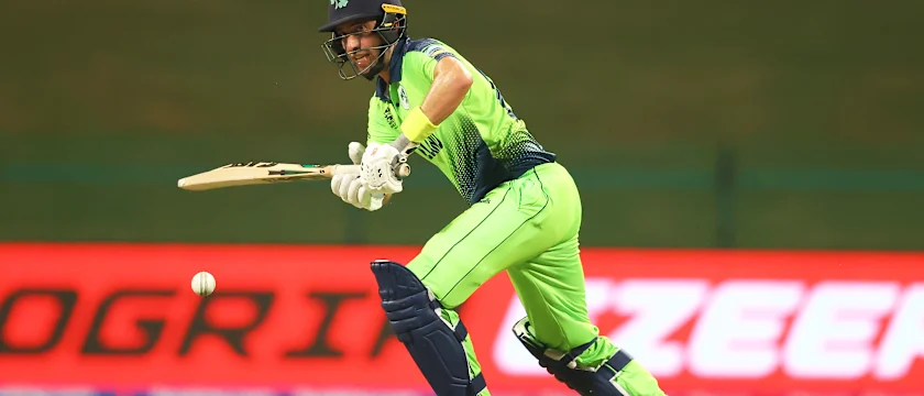 Andrew Balbirnie of Ireland plays a shot during the ICC Men's T20 World Cup match between Sri Lanka and Ireland at Sheikh Zayed stadium on October 20, 2021 in Abu Dhabi, United Arab Emirates.