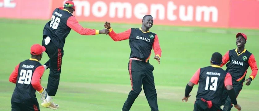 Isaac Aboagye of Ghana celebrates the wicket of Inzimam Master of Botswana