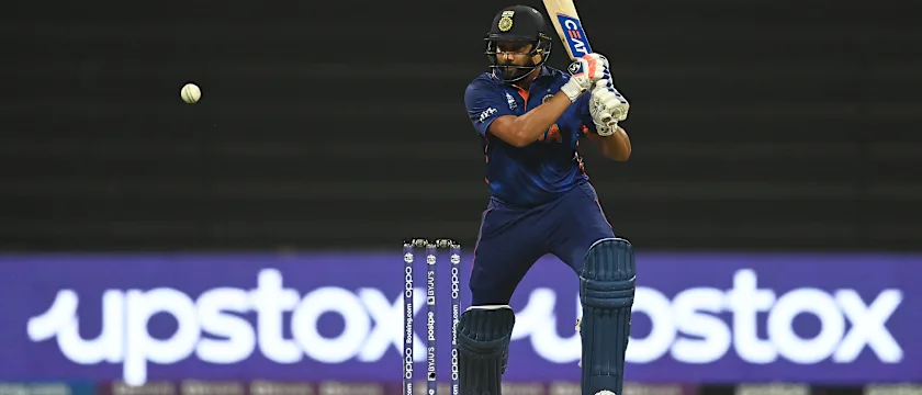 Rohit Sharma of India plays a shot during the ICC Men's T20 World Cup match between India and Afghanistan