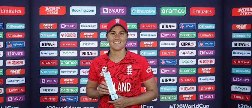Nat Sciver-Brunt of England poses after being named Player of the Match following the ICC Women's T20 World Cup group B match between England and Pakistan at Newlands Stadium on February 21, 2023 in Cape Town, South Africa.