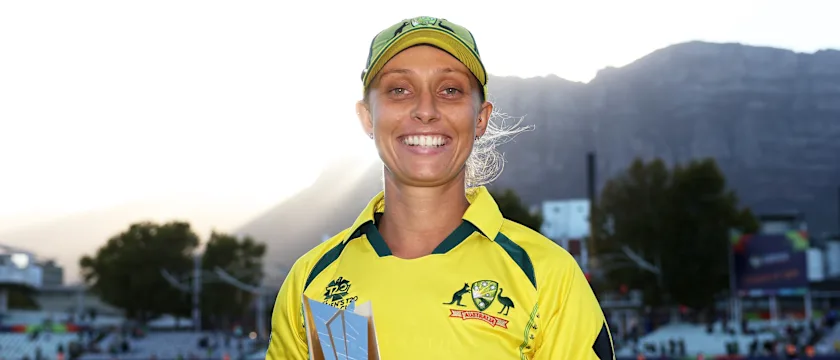 Ashleigh Gardner of Australia poses after being named Player of the Tournament following the ICC Women's T20 World Cup Final match between Australia and South Africa at Newlands Stadium on February 26, 2023 in Cape Town, South Africa.
