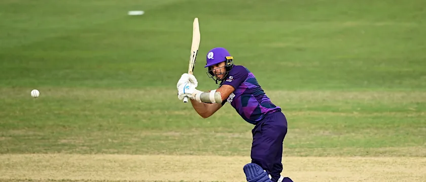 Kyle Coetzer of Scotland plays a shot during the ICC Men's T20 World Cup match between New Zealand and Scotland at Dubai International Stadium on November 03, 2021 in Dubai, United Arab Emirates.