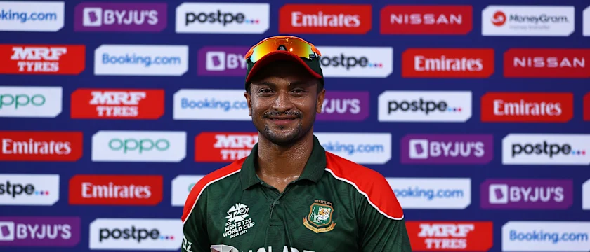 Shakib Al Hasan of Bangladesh poses after being named Player of the Match following the ICC Men's T20 World Cup match between Bangladesh and PNG at Oman Cricket Academy Ground on October 21, 2021 in Muscat, Oman.