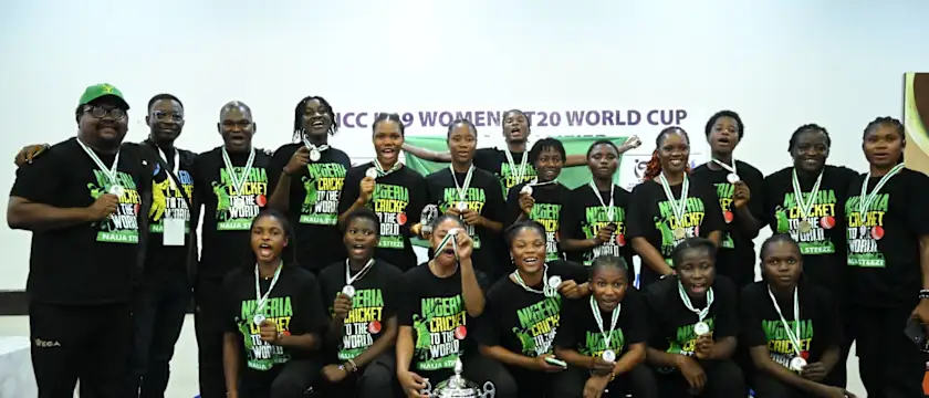 Nigeria show off their champion medals after winning the ICC U19 Women's T20 World Cup Africa Qualifier in Kigali to secure a ticket to Malaysia