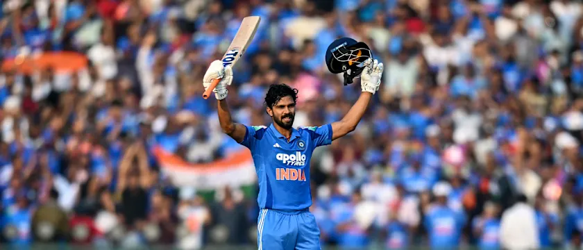 India's Ruturaj Gaikwad celebrates after scoring a century (100 runs) during the second one-day international (ODI) 