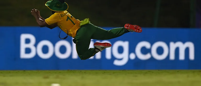Temba Bavuma of South Africa catches out Mohammad Hafeez of Pakistan during the Pakistan and South Africa warm Up Match prior to the ICC Men's T20 World Cup at on October 20, 2021 in Abu Dhabi, United Arab Emirates.