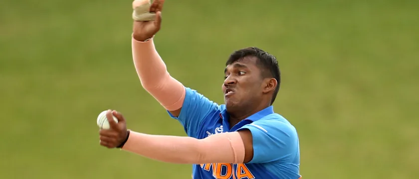 Atharva Ankolekar of India bowls during the ICC U19 Cricket World Cup Group A match between India and New Zealand at Mangaung Oval on January 24, 2020 in Bloemfontein, South Africa.