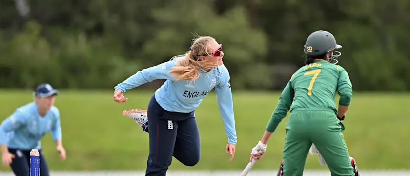 Sophie Ecclestone of England bowls during the 2022 ICC Women's Cricket World Cup warm up match between South Africa and England at Bert Sutcliffe Oval on March 02, 2022 in Lincoln, New Zealand.