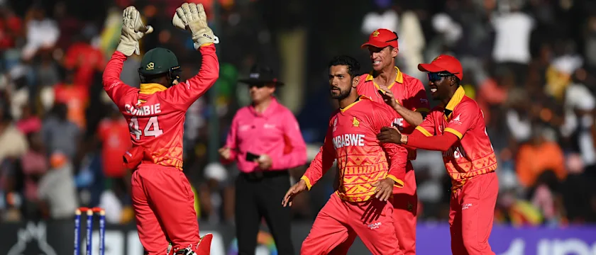 Sikandar Raza of Zimbabwe celebrates the wicket of Shai Hope of West Indies during the ICC Men's Cricket World Cup Qualifier Zimbabwe 2023 match between Zimbabwe and West Indies at Harare Sports Club on June 24, 2023 in Harare, Zimbabwe.