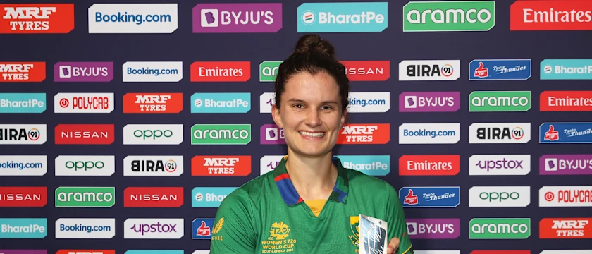 Laura Wolvaardt of South Africa poses after being named Player of the Match following the ICC Women's T20 World Cup group A match between South Africa and Bangladesh at Newlands Stadium on February 21, 2023 in Cape Town, South Africa.
