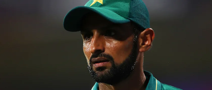 Shoaib Malik of Pakistan looks on during the ICC Men's T20 World Cup match between Pakistan and New Zealand at Sharjah Cricket Stadium on October 26, 2021 in Sharjah, United Arab Emirates.