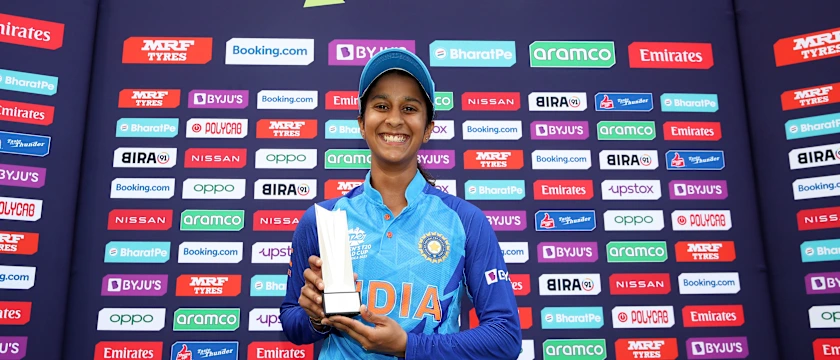 Jemimah Rodrigues of India poses after being named Player of the Match following the ICC Women's T20 World Cup group B match between India and Pakistan at Newlands Stadium on February 12, 2023 in Cape Town, South Africa.