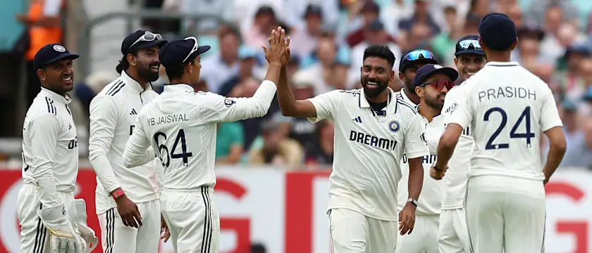 India's Mohammed Siraj celebrates taking the wicket of England's Jacob Bethell lbw on day two of the fifth Test cricket match between England and India at The Oval in London on August 1, 2025.