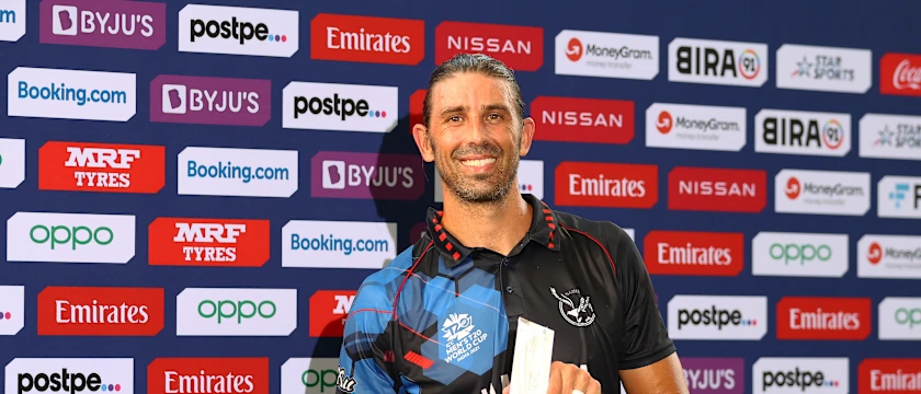 David Wiese of Namibia poses after being named Player of the Match following the ICC Men's T20 World Cup match between Namibia and Netherlands at Sheikh Zayed stadium on October 20, 2021 in Abu Dhabi, United Arab Emirates.