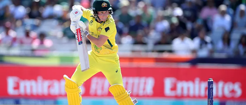 Beth Mooney of Australia plays a shot during the ICC Women's T20 World Cup Final match between Australia and South Africa at Newlands Stadium on February 26, 2023 in Cape Town, South Africa.