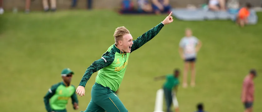Bryce Parsons of South Africa celebrates his first wicket during the ICC U19 Cricket World Cup Group D match between South Africa and UAE at Mangaung Oval on January 25, 2020 in Bloemfontein, South Africa.