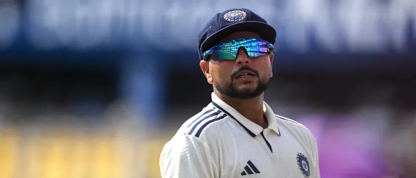 India's Kuldeep Yadav gestures during the first day of the second Test cricket match between India and South Africa