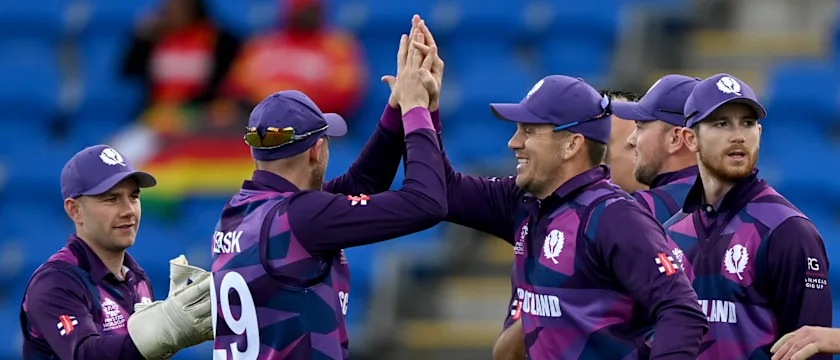 George Munsey of Scotland celebrates after catching Kyle Mayers of the West Indies 1920x1080