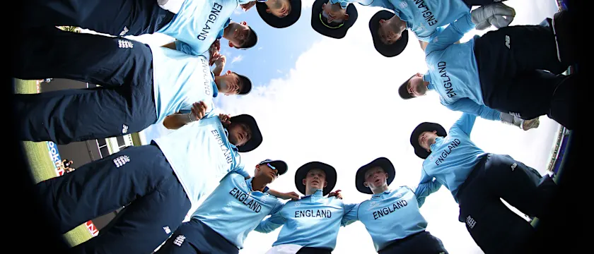 Players of England huddle during the ICC U19 Men's Cricket World Cup match between England and Canada at Warner Park Sporting Complex on January 18, 2022 in Basseterre, Saint Kitts and Nevis.