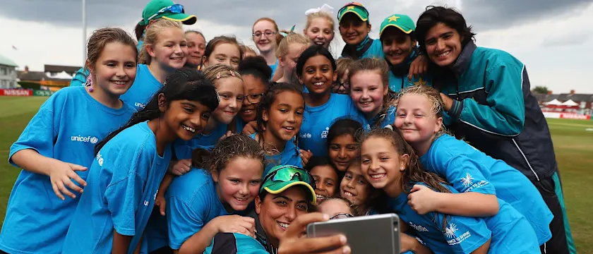 Sana Mir and kids at a Cricket for Good session at ICC Women's World Cup 2017