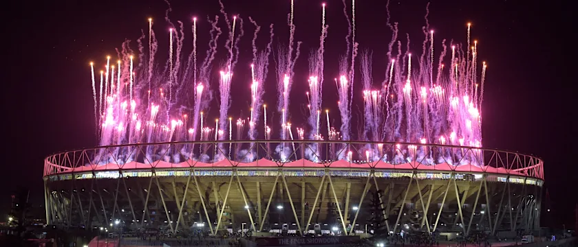 Fireworks explode over the Narendra Modi Stadium