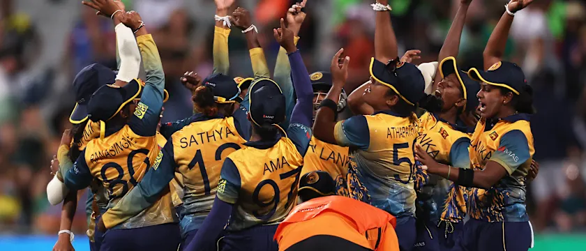 Players of Sri Lanka celebrate following the ICC Women's T20 World Cup group A match between South Africa and Sri Lanka at Newlands Stadium on February 10, 2023 in Cape Town, South Africa.