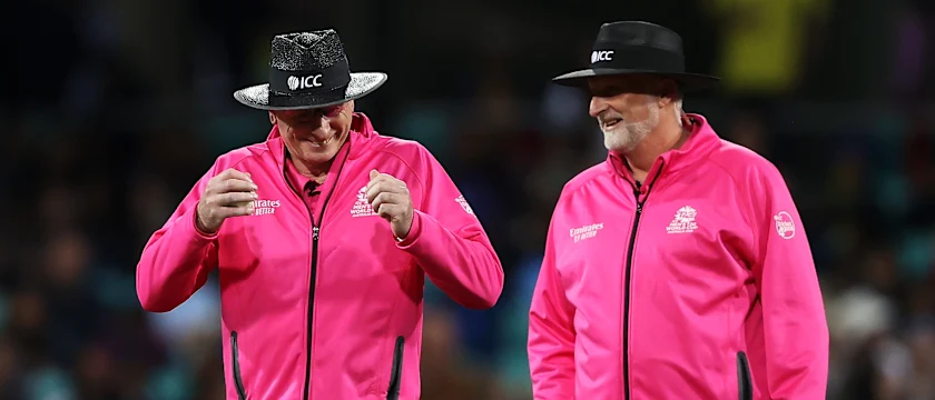 Umpires Paul Reiffel and Paul Wilson share a laugh during the ICC Men's T20 World Cup match between England and Sri Lanka at Sydney Cricket Ground on November 05, 2022 in Sydney, Australia.