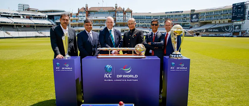 From left to right: Ravi Shastri - ICC Ambassador, Anurag Dahiya - CCO, ICC, Geoff Allardice - CEO, ICC, Yuvraj Narayan - Group Deputy CEO and CFO, DP World, Rashid Abdulla - CEO & MD, Europe, DP World, Daniel van Otterdijk - Group CCO, DP World