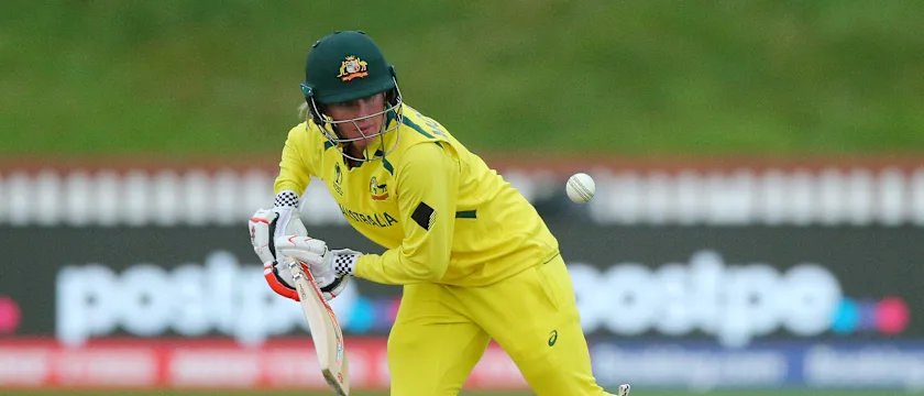 Beth Mooney of Australia bats during the 2022 ICC Women's Cricket World Cup match between Bangladesh and Australia at Basin Reserve on March 25, 2022 in Wellington, New Zealand.