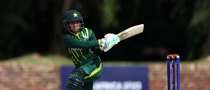 Eyman Fatima of Pakistan plays a shot during the ICC Women's U19 T20 World Cup 2023 match between Zimbabwe and Pakistan at North-West University Oval on January 19, 2023 in Potchefstroom, South Africa.