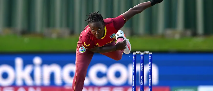 Shakera Selman of West Indies bowls during the 2022 ICC Women's Cricket World Cup match between West Indies and England at University Oval on March 09, 2022 in Dunedin, New Zealand.