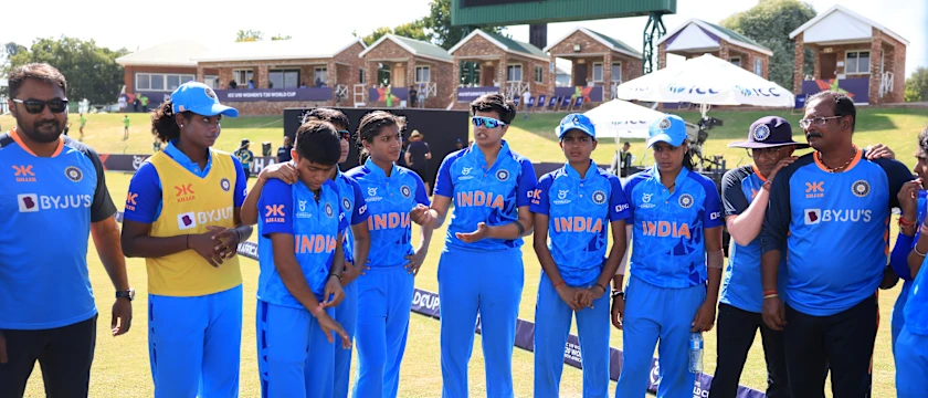 Shafali Verma of India speaks to their side in the huddle during the ICC Women's U19 T20 World Cup 2023 Super 6 match between India and Sri Lanka at JB Marks Oval on January 22, 2023 in Potchefstroom, South Africa.