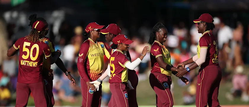 Players of West Indies celebrate following the ICC Women's T20 World Cup group B match between Pakistan and West Indies at Boland Park on February 19, 2023 in Paarl, South Africa.