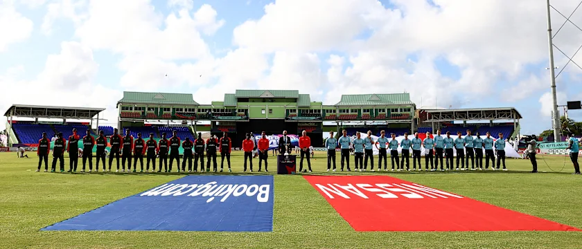 The teams line up ahead of the ICC U19 Men's Cricket World Cup match between Bangladesh and England at Warner Park Sporting Complex on January 16, 2022 in Basseterre, Saint Kitts and Nevis.
