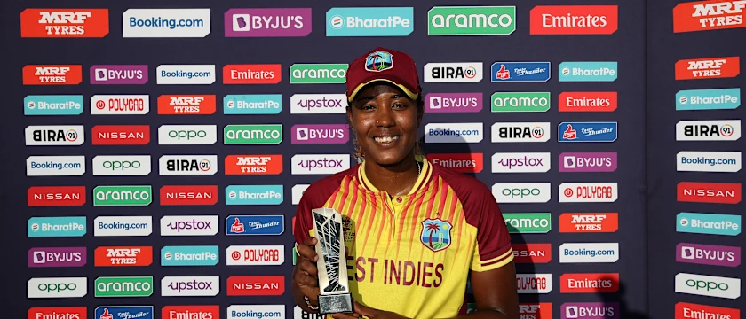 Hayley Matthews of West Indies poses after being named Player of the Match following the ICC Women's T20 World Cup group B match between Pakistan and West Indies at Boland Park on February 19, 2023 in Paarl, South Africa.